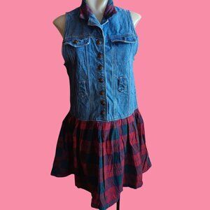 Vintage 90's Women's Small Denim & Plaid Sleeveless Dress By Rachels Kids